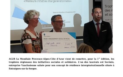 Sorenis, lauréat régional de la meilleure initiative intergénérationnelle 2020-2021 PACA-CORSE par l’AG2R La Mondiale